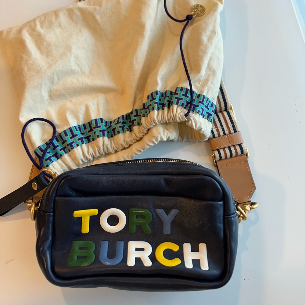 Authentic Tory Burch Women’s Belt Bag in Navy with Colorful Letters